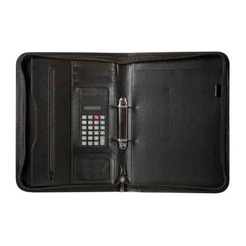 Black zippered compendium open without a pad, showing the zip pocket, pen loop, calculator, card window and 2 ring binder in the centre