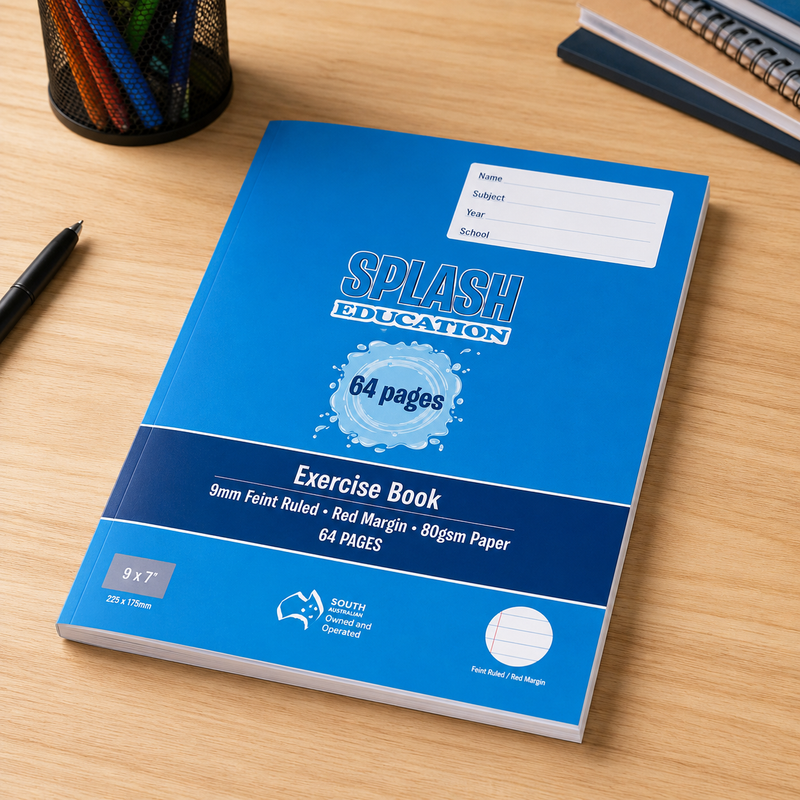 Splash 64 page blue ruled exercise book on a classroom desk with stationery and study supplies.