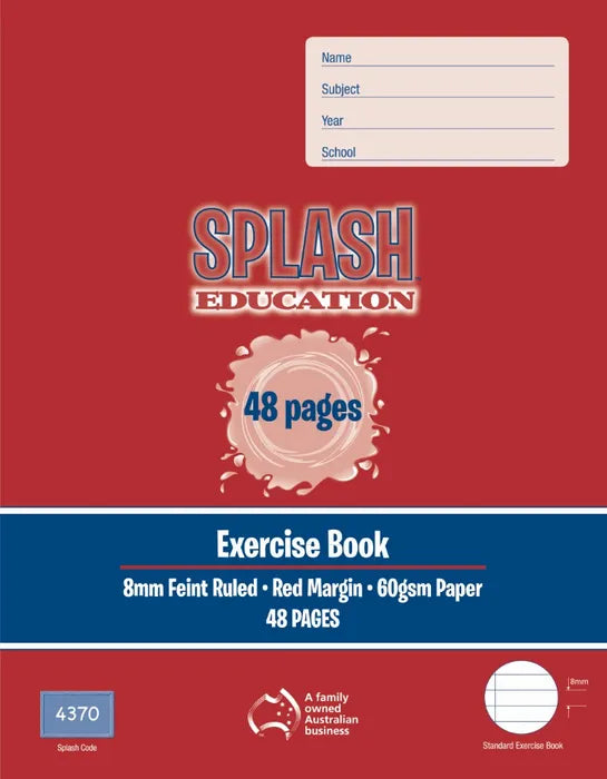 Red exercise book with 'Splash Education' branding on a red background