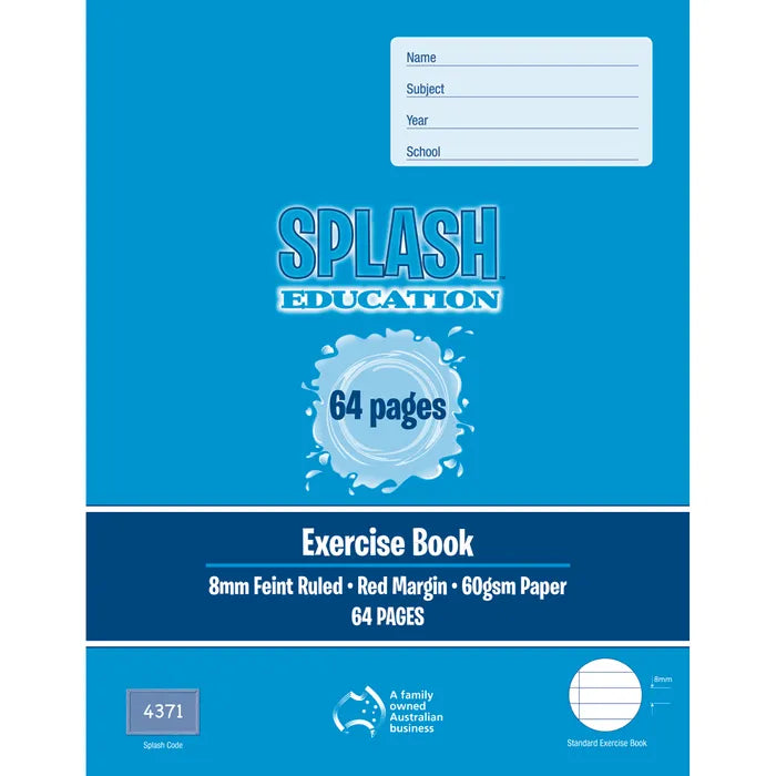 Splash Education 64 Page 8mm Ruled Exercise Book 9 x 7 Pack 20-1