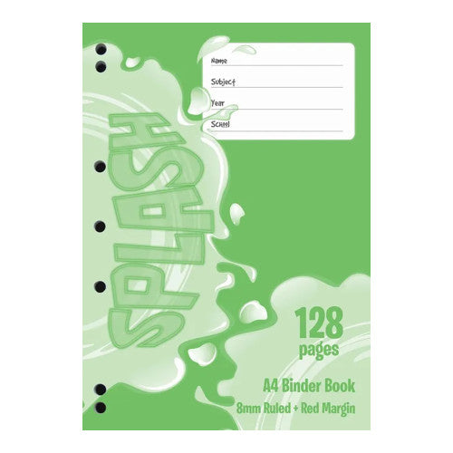 Splash A4 binder book 128 pages 8mm ruled board cover with two-hole punch, front cover view