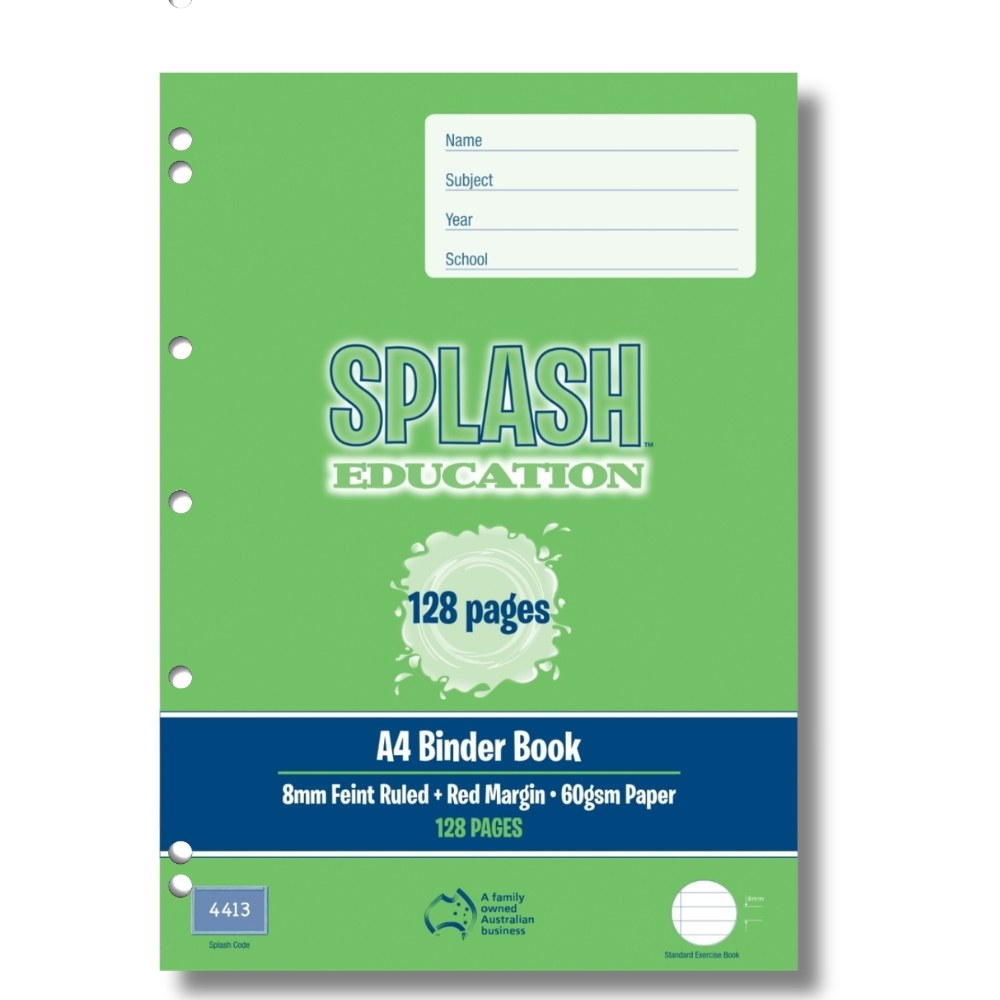 Green Splash Education A4 binder book in the current artwork, 128 pages, with a navy band reading 8mm Feint Ruled, Red Margin, 60gsm Paper and a 4413 Splash Code box