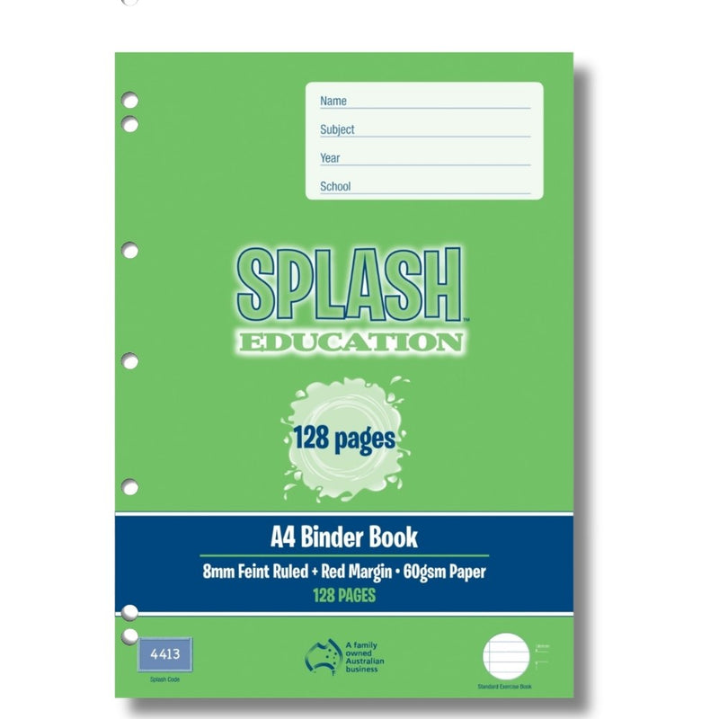 Green Splash Education A4 binder book in the current artwork, 128 pages, with a navy band reading 8mm Feint Ruled, Red Margin, 60gsm Paper and a 4413 Splash Code box