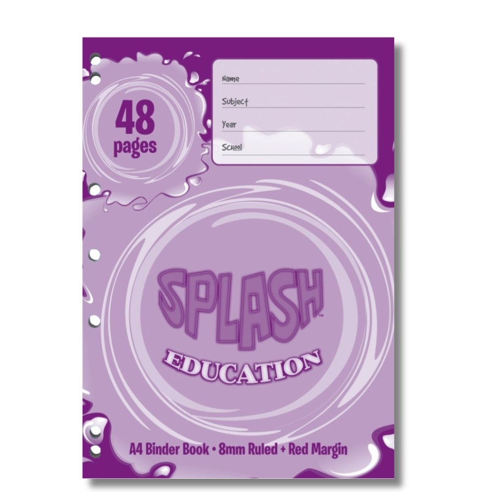 Purple Splash Education A4 binder book cover marked 48 pages, with a name and subject panel and A4 Binder Book, 8mm Ruled plus Red Margin along the foot