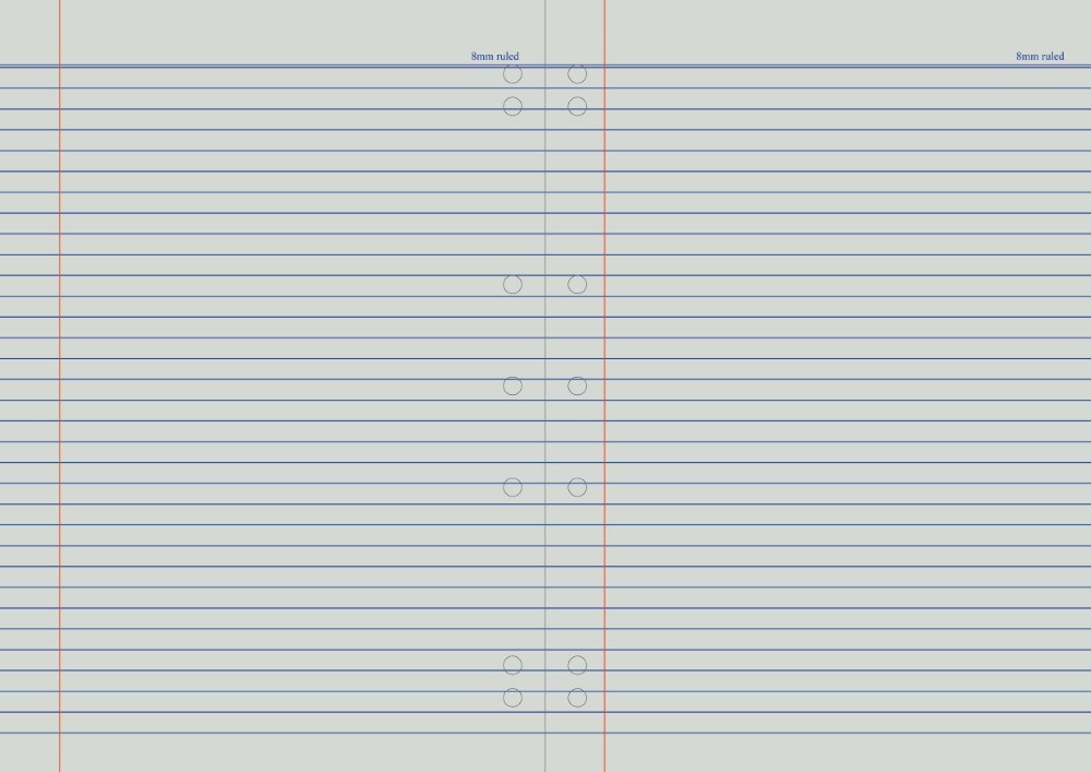 Open Splash binder book spread with blue 8mm lines, a red margin on each page and a column of punched holes on both sides of the spine