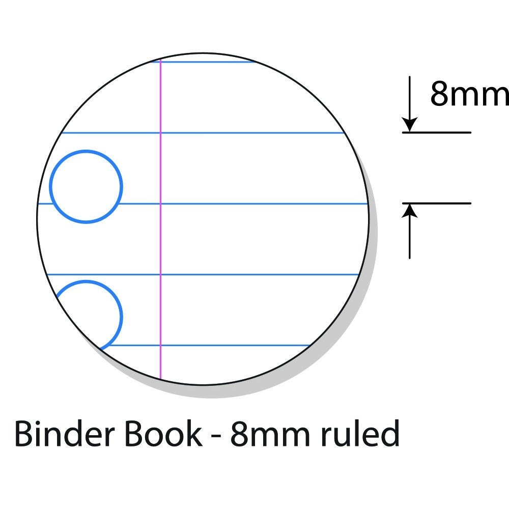 Circular close-up diagram labelled Binder Book 8mm ruled, showing blue lines 8mm apart, a pink margin line and two punched holes