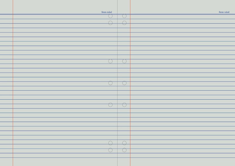 Two facing pages of a Splash binder book with evenly spaced blue lines, red margins and punched holes running beside the centre fold