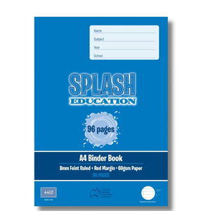 Blue Splash Education A4 binder book, current artwork, with a navy band reading A4 Binder Book, 8mm Feint Ruled, Red Margin, 60gsm Paper, 96 pages and a 4412 code box