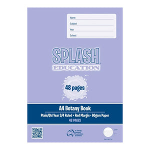 Lavender Splash Education A4 botany book cover, 48 pages, with a navy band reading Plain/Qld Year 3/4 Ruled, Red Margin, 60gsm Paper and a ruling roundel marked 12mm