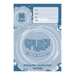 Slate blue Splash Education A4 botany book cover with 96 pages, a name and school panel and A4 Botany Book Plain/8mm Ruled + Red Margin at the foot