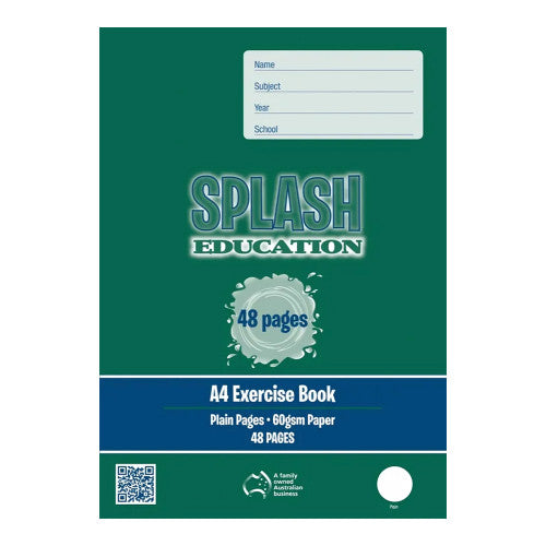 Splash Education A4 exercise book 48 pages plain unlined board cover, front view