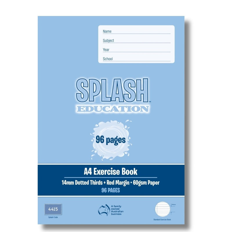 Current light blue Splash Education A4 exercise book cover with 96 pages, 14mm Dotted Thirds + Red Margin + 60gsm Paper and Splash Code 4415 printed on the front