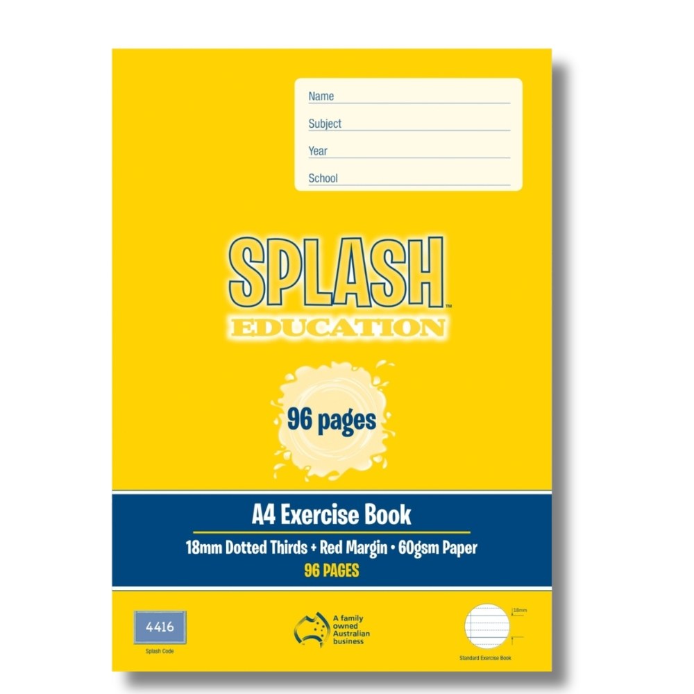 Current yellow Splash Education A4 exercise book cover with a navy band reading 18mm Dotted Thirds + Red Margin + 60gsm Paper, 96 PAGES and Splash Code 4416