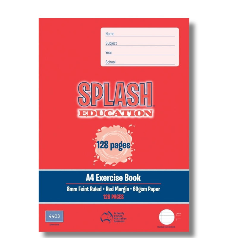Red front cover of the Splash Education A4 exercise book, 8mm feint ruled, red margin, 60gsm paper, 128 pages, Splash code 4403
