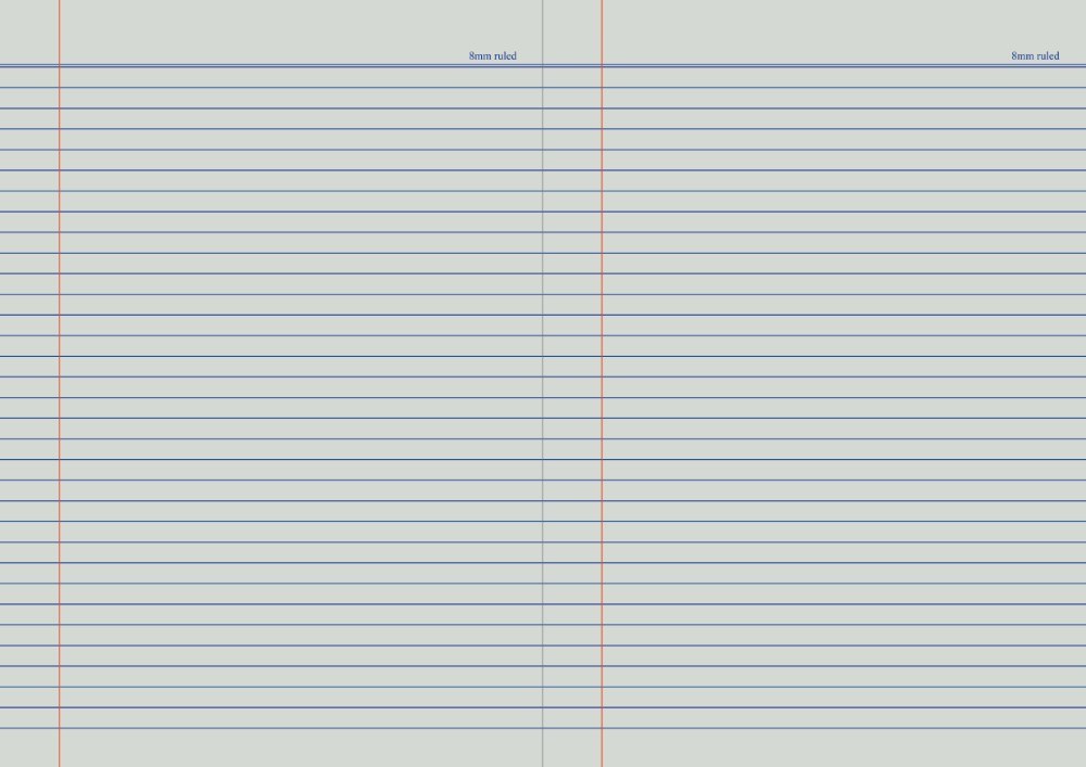 Open spread of the Splash 8mm ruled exercise book showing blue lines and a red margin line on each page