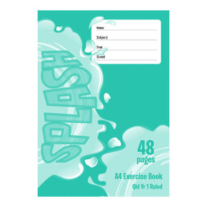 Teal front cover of the Splash A4 exercise book, 48 pages, Qld Yr 1 Ruled, with name, subject, year and school lines