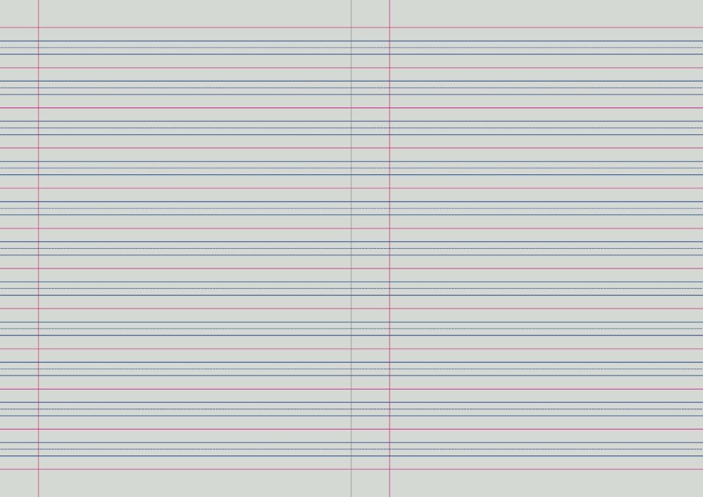 Open Splash Qld Year 1 ruled book showing bands of blue lines with a dashed middle line, pink guide lines and a red margin
