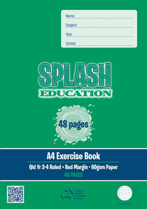 Green front cover of the Splash Education A4 exercise book, Qld Yr 3-4 Ruled with red margin, 60gsm paper, 48 pages, with a QR code