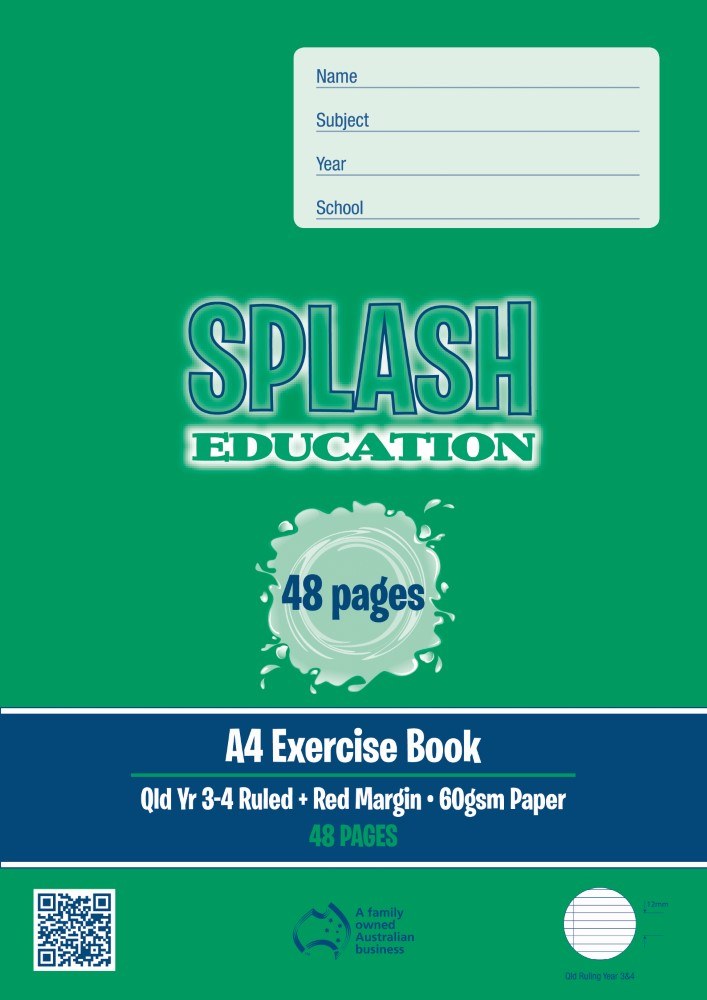 Green front cover of the Splash Education A4 exercise book, Qld Yr 3-4 Ruled with red margin, 60gsm paper, 48 pages, with a QR code