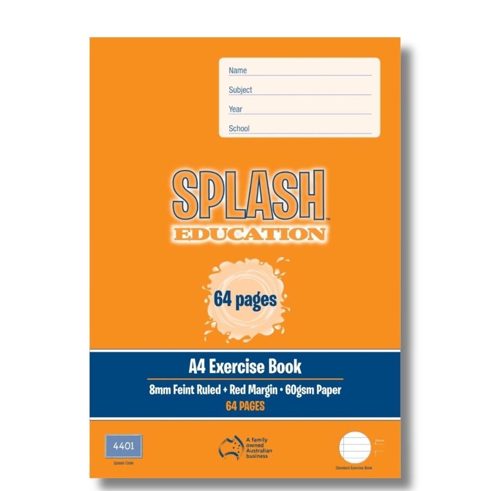 Orange front cover of the Splash Education A4 exercise book, 8mm feint ruled, red margin, 60gsm paper, 64 pages, Splash code 4401