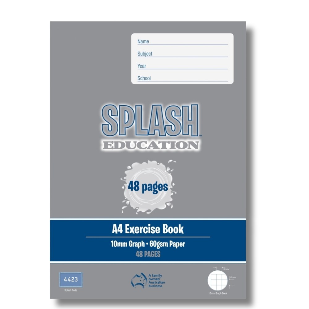 Grey front cover of the Splash Education A4 exercise book, 10mm graph, 60gsm paper, 48 pages, with Splash code 4423 and a name panel