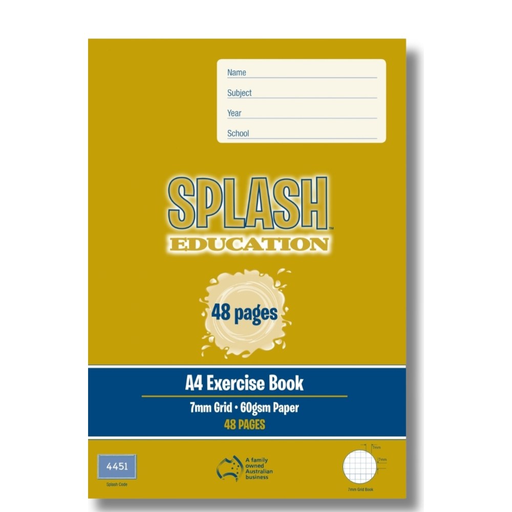 Mustard yellow front cover of the Splash Education A4 exercise book in 7mm grid with 60gsm paper, 48 pages and Splash code 4451