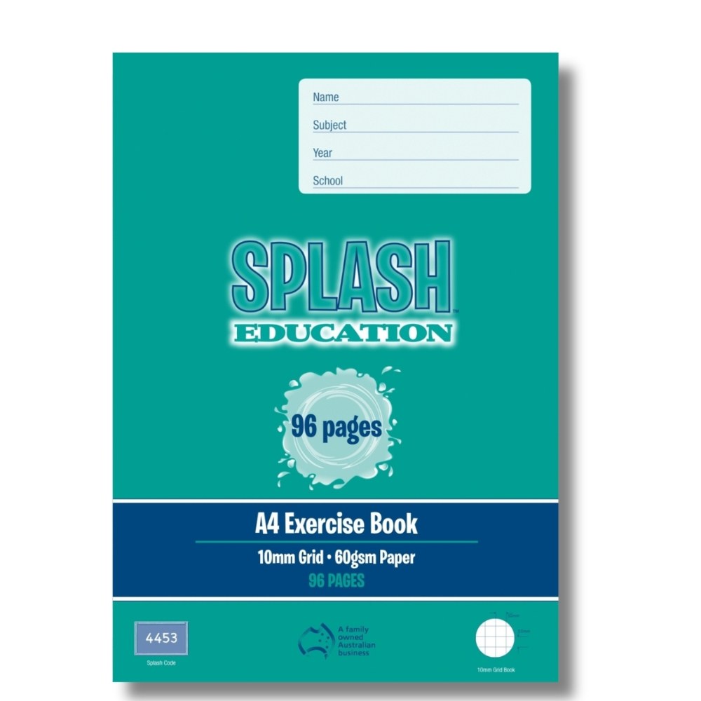 Teal front cover of the Splash Education A4 exercise book, 10mm grid, 60gsm paper, 96 pages, with Splash code 4453 bottom left