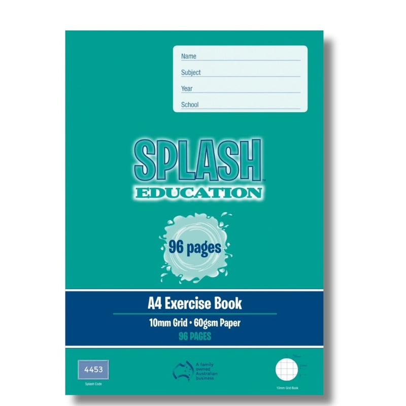 Teal front cover of the Splash Education A4 exercise book, 10mm grid, 60gsm paper, 96 pages, with Splash code 4453 bottom left