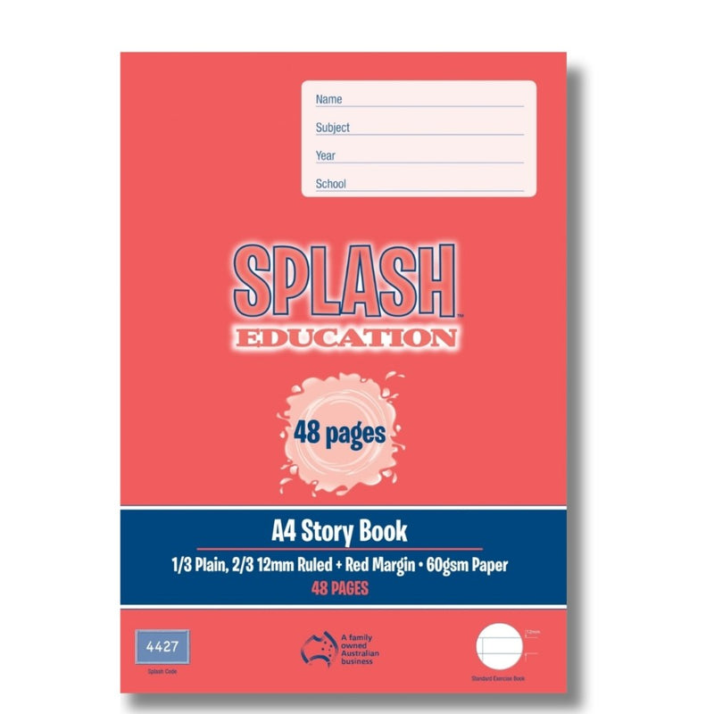 Coral red front cover of the Splash Education A4 story book, 1/3 plain, 2/3 12mm ruled with red margin, 60gsm, 48 pages, Splash code 4427