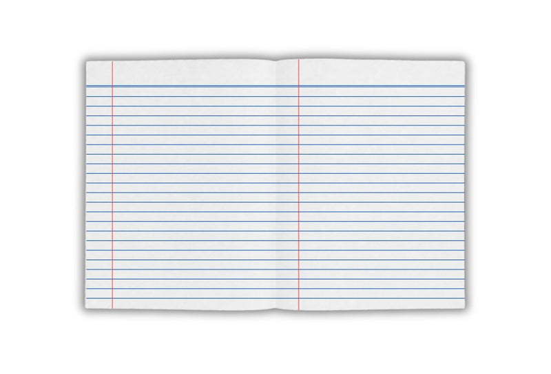 Open Splash 9 x 7 exercise book lying flat with 8mm ruled lines and a red margin on the left and right pages