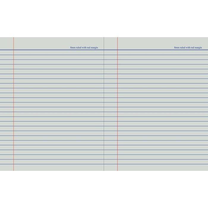 Rendered flat view of an exercise book spread with feint grey lines and a red margin down both pages