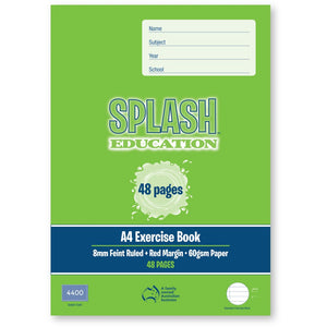 Lime green front cover of the Splash A4 exercise book, 48 pages, 8mm Feint Ruled, Red Margin, 60gsm Paper, with Splash code 4400