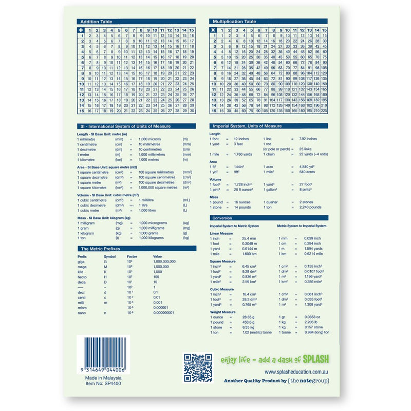 Back cover of Splash SP4400 with addition and multiplication tables, measurement conversions, barcode and Made in Malaysia