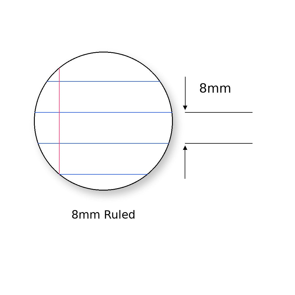 Circle diagram of 8mm Ruled lines with a red margin line and arrows marking the 8mm spacing