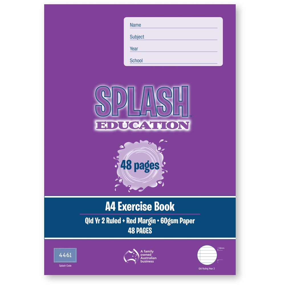 Purple front cover of the Splash A4 exercise book with 48 pages, Qld Yr 2 Ruled, Red Margin, 60gsm Paper and Splash code 4461