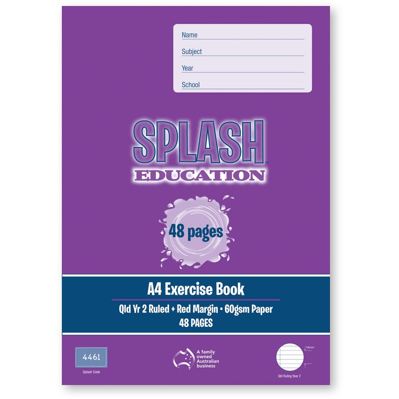 Purple front cover of the Splash A4 exercise book with 48 pages, Qld Yr 2 Ruled, Red Margin, 60gsm Paper and Splash code 4461