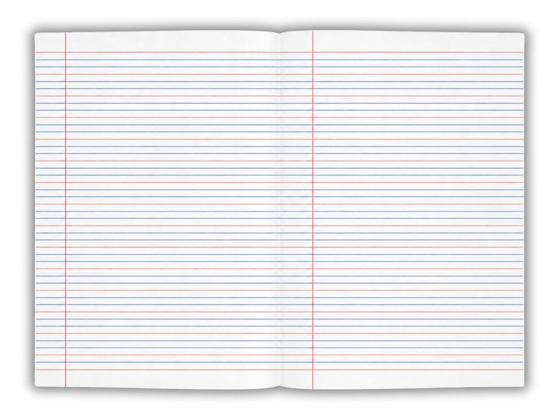 Open Splash QLD Year 2 exercise book showing both pages ruled in blue and red lines with a red margin