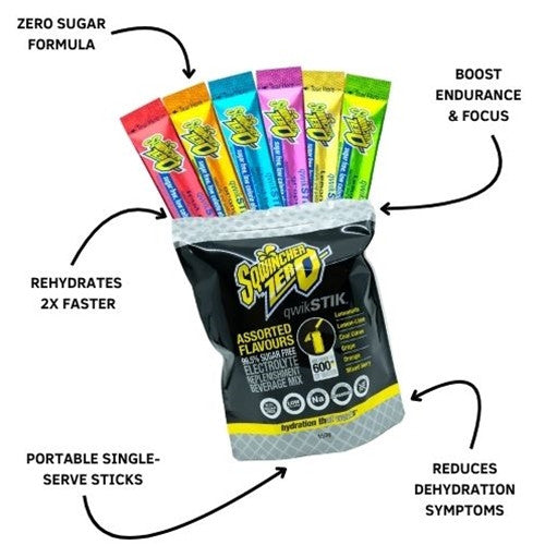 Close-up of Sqwincher Qwik Stik Zero single-serve stick sachets showing flavour variety