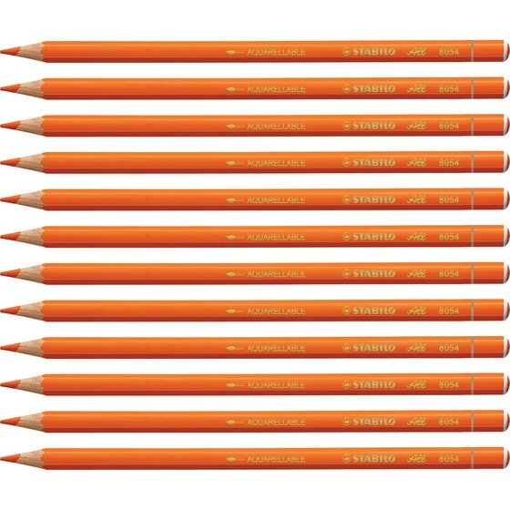 Twelve orange Stabilo All pencils lined up in rows, each sharpened and printed with the Stabilo All name and 8054 code