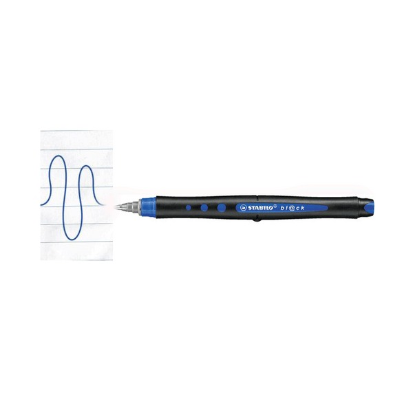 Box of 10 Stabilo bl@ck 0.4mm blue rollerball pens on a white background