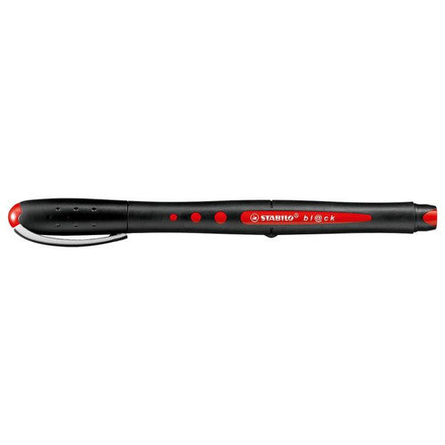 Close-up of Stabilo Bl@ck rollerball pen showing soft grip section and metal clip