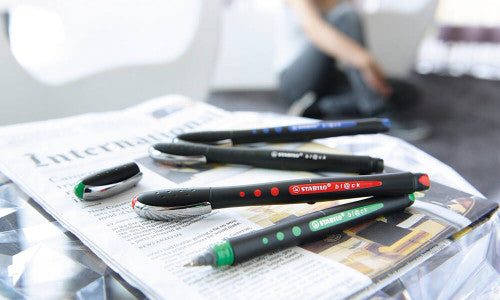 Box of 10 Stabilo Bl@ck red rollerball pens, 0.4mm fine tip, product packaging displayed