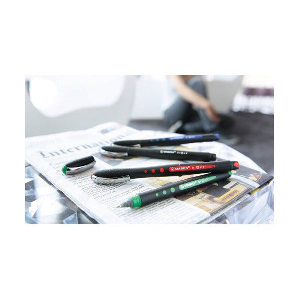 Box of 10 Stabilo Bl@ck red rollerball pens, 0.4mm fine tip, product packaging displayed