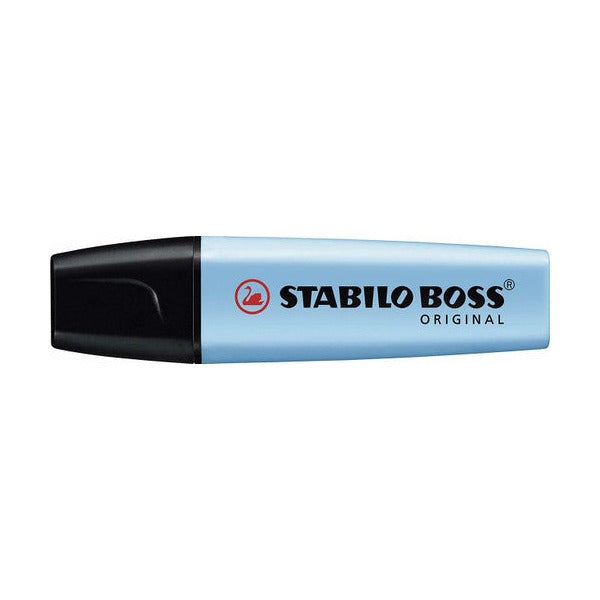 Stabilo Boss Original Blue highlighter with chisel tip cap on, front view on white background