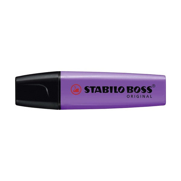 Stabilo Boss Original chisel tip highlighter in lavender, front view of single pen on white background