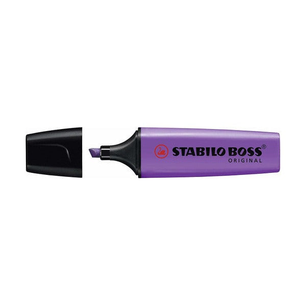Box of 10 Stabilo Boss Original lavender highlighters, top view showing product packaging