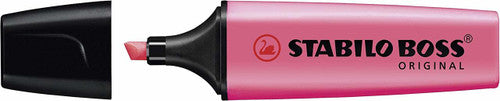 Box of 10 Stabilo Boss Original pink highlighters, lid open showing contents