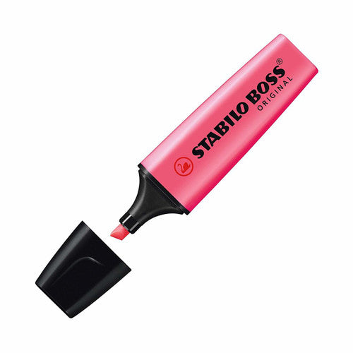 Close-up of Stabilo Boss Original pink highlighter chisel tip