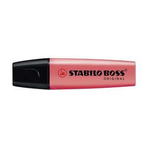 Stabilo Boss Original red chisel tip highlighter, front view on white background