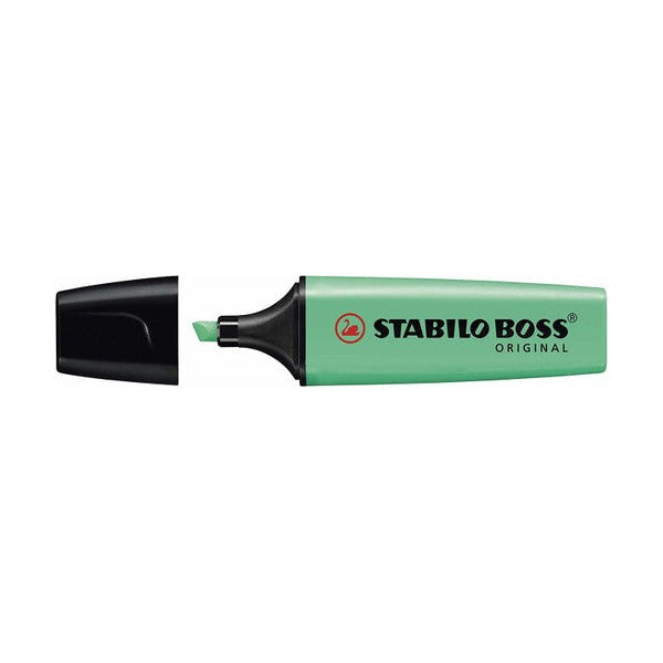 Box of 10 Stabilo Boss Original Turquoise highlighters, packaging closed
